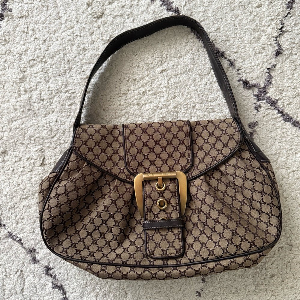 Céline Vintage Macadam Canvas Leather Shoulder Bag - Brown Beige (Pre-owned)